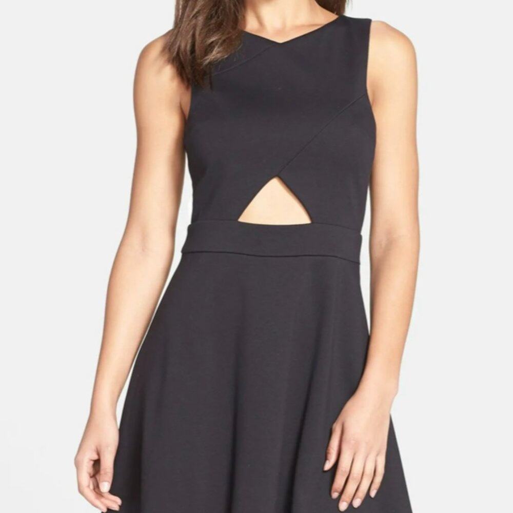CeCe Womens Sz 4 Black Sleeveless Ponte Skater Dress with Midi Cutout